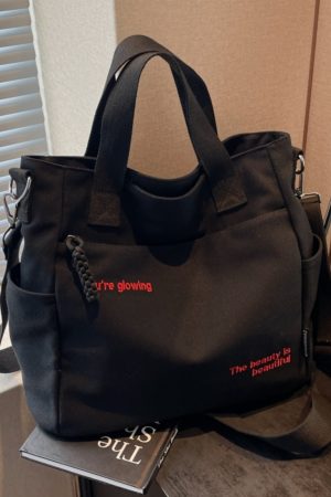 Embroidered Letter Canvas Tote Bag for Women, Large Capacity Commuter Handbag, Versatile Crossbody Bag for School & Daily Use