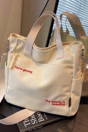 Embroidered Letter Canvas Tote Bag for Women, Large Capacity Commuter Handbag, Versatile Crossbody Bag for School & Daily Use