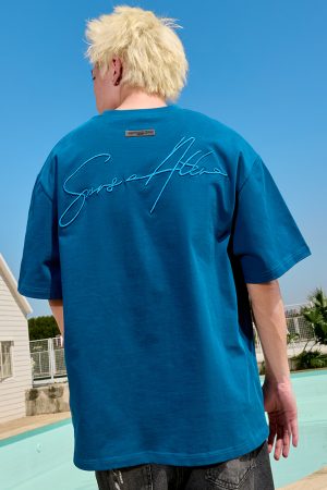 Embroidered Letter Short Sleeve T-Shirt - Vintage American Style Unisex Heavyweight Tee for Summer 2025 - Trendy 90s Look