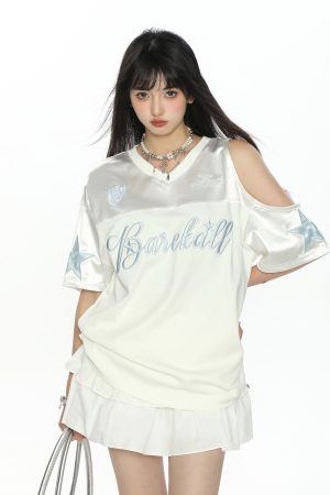Embroidered Off-Shoulder Short Sleeve T-Shirt for Women - Summer Loose Fit Slimming V-Neck Casual Top - Y2K Style