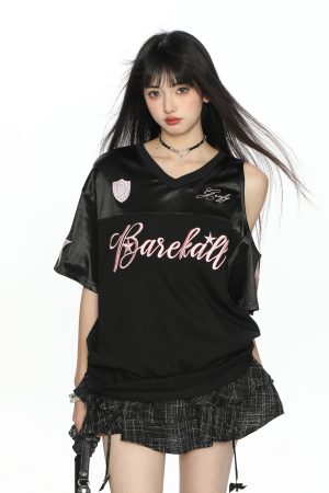 Embroidered Off-Shoulder Short Sleeve T-Shirt for Women - Summer Loose Fit Slimming V-Neck Casual Top - Y2K Style