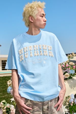 Embroidered Pearl Heavyweight Short Sleeve T-Shirt - Vintage American Style, Loose Fit, Unisex, Trendy Summer 2025 Fashion