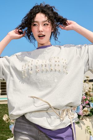 Embroidered Pearl Heavyweight Short Sleeve T-Shirt - Vintage American Style, Loose Fit, Unisex, Trendy Summer 2025 Fashion