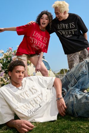 Embroidered Pearl Letter T-Shirt - Short Sleeve American Vintage Heavy Loose Unisex - 90s Y2K Summer Style