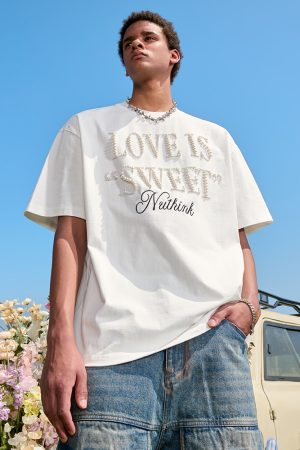 Embroidered Pearl Letter T-Shirt - Short Sleeve American Vintage Heavy Loose Unisex - 90s Y2K Summer Style