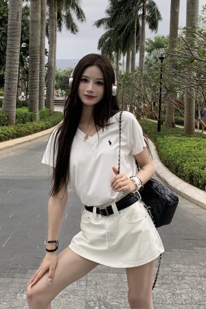 Embroidered V-Neck Short Sleeve T-Shirt for Women - Loose Slimming Casual Top - Versatile Spring Summer Style