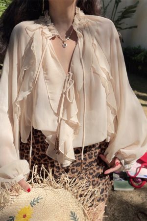 Ethereal Bohemian Ruffled Long-Sleeve Shirt for Women - 2025 Spring/Summer Vacation Top
