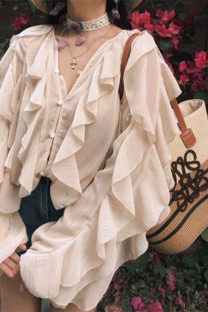 Ethereal French Style Lantern Sleeve Long Sleeve Shirt Top with Lace Trim for Spring and Summer Vacation Fashion