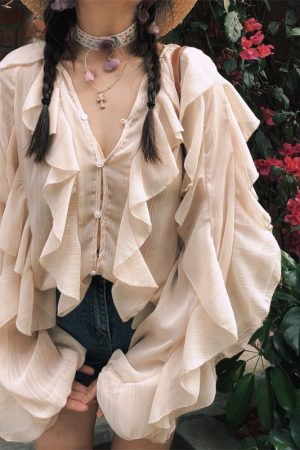 Ethereal French Style Lantern Sleeve Long Sleeve Shirt Top with Lace Trim for Spring and Summer Vacation Fashion