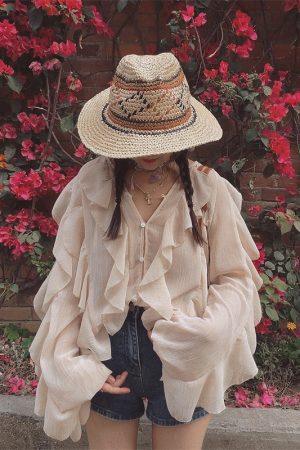 Ethereal French Style Lantern Sleeve Long Sleeve Shirt Top with Lace Trim for Spring and Summer Vacation Fashion