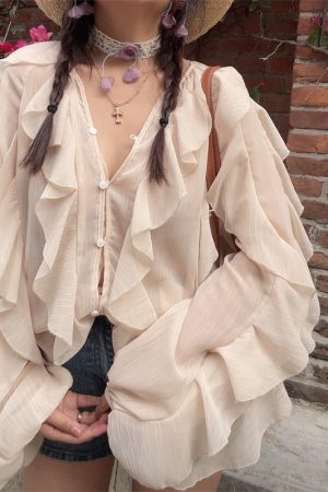 Ethereal French Style Lantern Sleeve Long Sleeve Shirt Top with Lace Trim for Spring and Summer Vacation Fashion