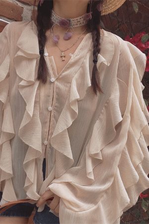 Ethereal French Style Lantern Sleeve Long Sleeve Shirt Top with Lace Trim for Spring and Summer Vacation Fashion