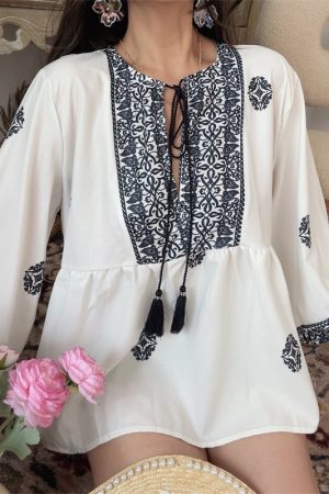 Ethnic Lantern Sleeve Tassel Tie Loose Blouse - Early Autumn Australian Style Vacation Shirt Top