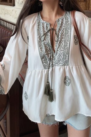 Ethnic Lantern Sleeve Tassel Tie Loose Blouse - Early Autumn Australian Style Vacation Shirt Top