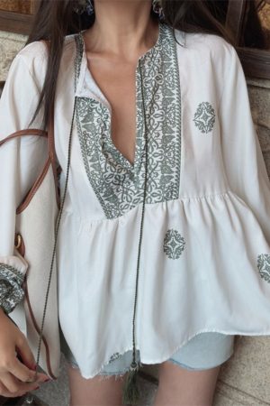 Ethnic Lantern Sleeve Tassel Tie Loose Blouse - Early Autumn Australian Style Vacation Shirt Top