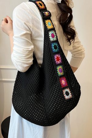 Ethnic Style Hollow Woven Tote Bag for Women - Large Capacity Shoulder Crossbody Bag for Commuting & Beach Vacation