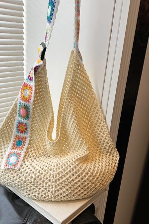 Ethnic Style Hollow Woven Tote Bag for Women - Large Capacity Shoulder Crossbody Bag for Commuting & Beach Vacation