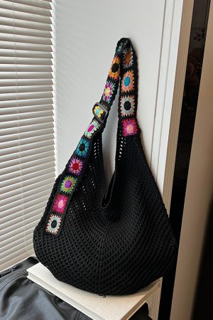 Ethnic Style Hollow Woven Tote Bag for Women - Large Capacity Shoulder Crossbody Bag for Commuting & Beach Vacation