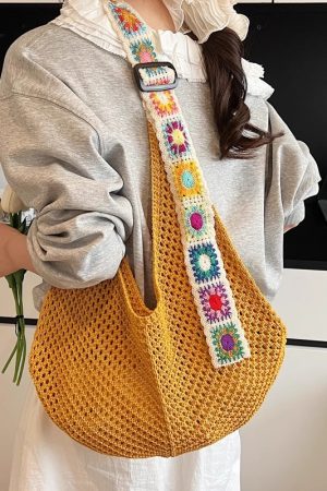 Ethnic Style Hollow Woven Tote Bag for Women - Large Capacity Shoulder Crossbody Bag for Commuting & Beach Vacation
