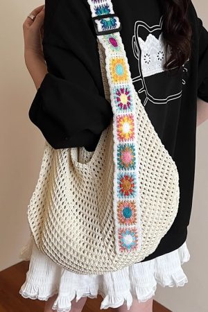 Ethnic Style Hollow Woven Tote Bag for Women - Large Capacity Shoulder Crossbody Bag for Commuting & Beach Vacation