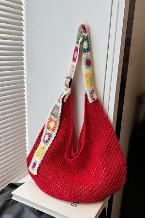 Ethnic Style Hollow Woven Tote Bag for Women - Large Capacity Shoulder Crossbody Bag for Commuting & Beach Vacation