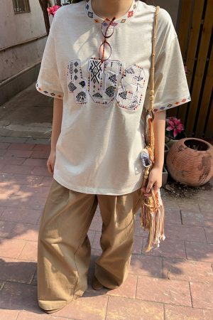 Ethnic Style Letter Pattern Embroidered Collar Short Sleeve Top - Spring/Summer National Trend Fashion