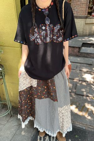 Ethnic Style Letter Pattern Embroidered Collar Short Sleeve Top - Spring/Summer National Trend Fashion