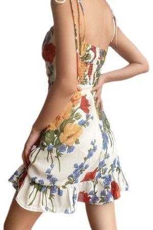 European American Retro Ruffled A-Line Camisole Dress with Shoulder Tie and Oil Painting Print - Slim Waist Short Skirt
