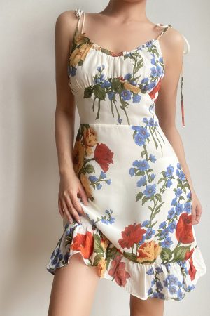 European American Retro Ruffled A-Line Camisole Dress with Shoulder Tie and Oil Painting Print - Slim Waist Short Skirt