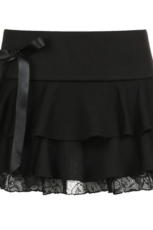 European American Sexy Girl Style A-Line Skirt with Butterfly Knot Lace Splicing - Flattering Slim Fit Half Skirt