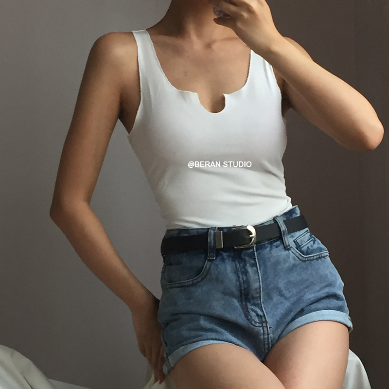 European American Sexy V-Neck Front Slit High-Waisted Short Cropped Sleeveless Tank Top - Versatile Solid Color European American Sexy V-Neck Front Slit High-Waisted Short Cropped Sleeveless Tank Top - Versatile Solid Color