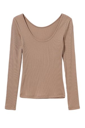 European and American Sexy Minimalist Slim Fit Long Sleeve T-Shirt with Big Round Neck - Versatile Solid Color Base Top