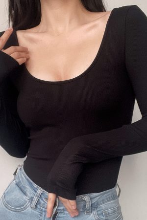 European and American Sexy Minimalist Slim Fit Long Sleeve T-Shirt with Big Round Neck - Versatile Solid Color Base Top