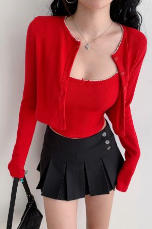 European College Style Round Neck Long Sleeve Knitted Cardigan & Camisole Set - Casual Slim Fit Two-Piece Top for Y2K Fashion