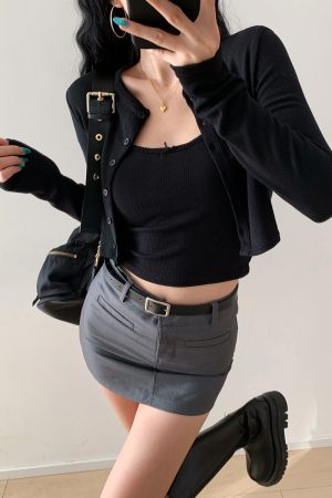 European College Style Round Neck Long Sleeve Knitted Cardigan & Camisole Set - Casual Slim Fit Two-Piece Top for Y2K Fashion