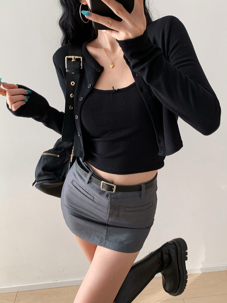 European College Style Round Neck Long Sleeve Knitted Cardigan & Camisole Set - Casual Slim Fit Two-Piece Top for Y2K Fashion European College Style Round Neck Long Sleeve Knitted Cardigan & Camisole Set - Casual Slim Fit Two-Piece Top for Y2K Fashion