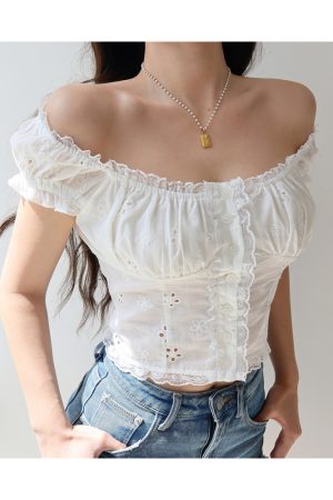 Exquisite Embroidered Lace Trim Puff Sleeve Top - French Retro Court Style Vacation Top for Women