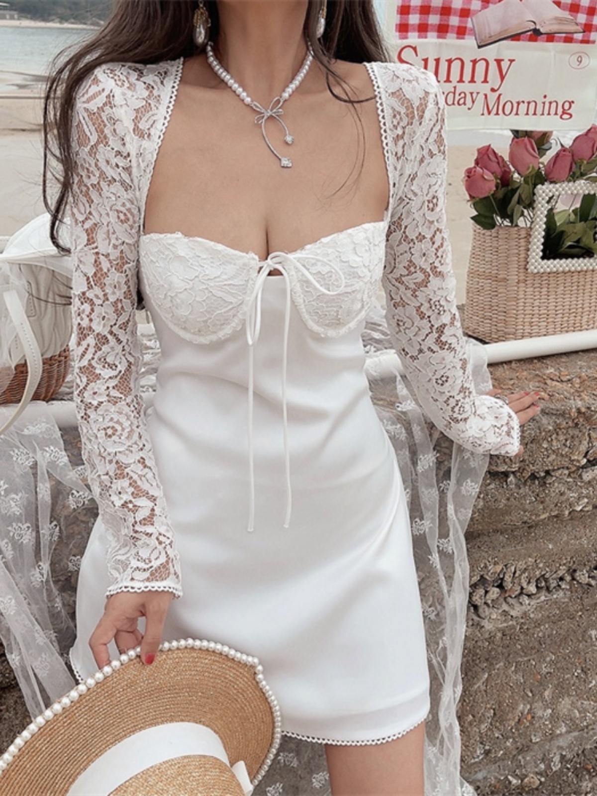 Exquisite Heavy-Duty Fairy French Lace Square Neck Tie Dress - 2024 Spring/Summer Vacation Style, Perfect for Y2K and Romantic Looks Exquisite Heavy-Duty Fairy French Lace Square Neck Tie Dress - 2024 Spring/Summer Vacation Style, Perfect for Y2K and Romantic Looks