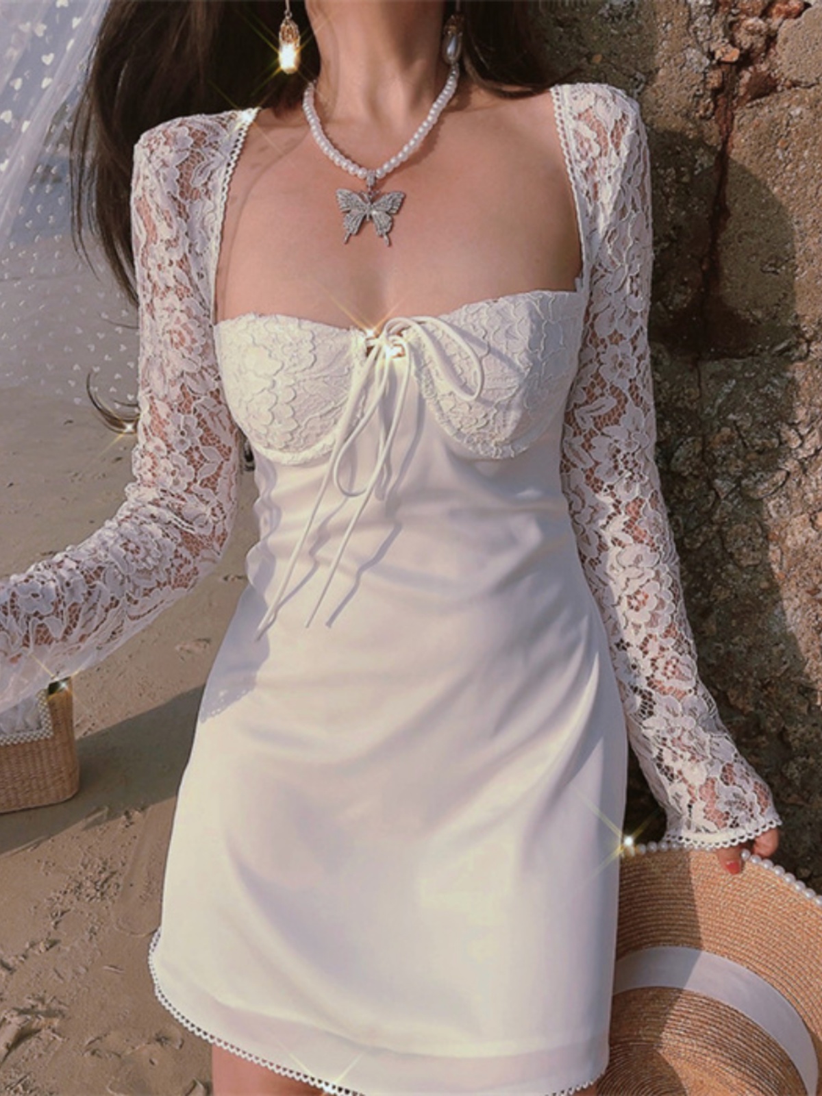 Exquisite Heavy-Duty Fairy French Lace Square Neck Tie Dress - 2024 Spring/Summer Vacation Style, Perfect for Y2K and Romantic Looks Exquisite Heavy-Duty Fairy French Lace Square Neck Tie Dress - 2024 Spring/Summer Vacation Style, Perfect for Y2K and Romantic Looks