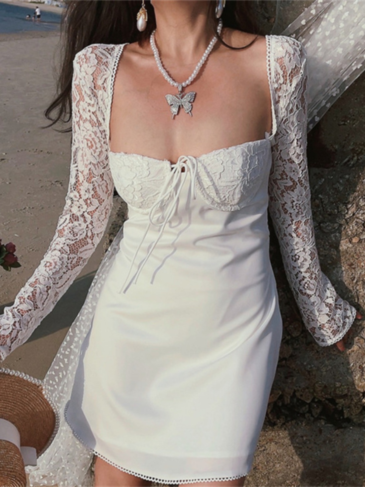 Exquisite Heavy-Duty Fairy French Lace Square Neck Tie Dress - 2024 Spring/Summer Vacation Style, Perfect for Y2K and Romantic Looks Exquisite Heavy-Duty Fairy French Lace Square Neck Tie Dress - 2024 Spring/Summer Vacation Style, Perfect for Y2K and Romantic Looks