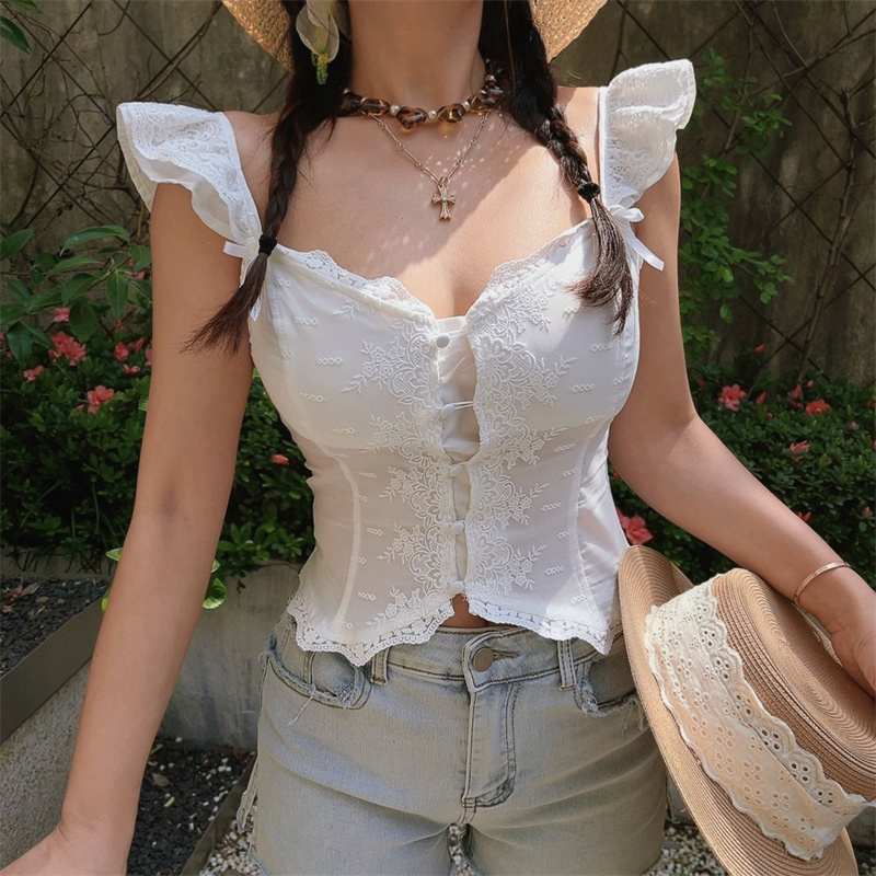 Exquisite Lace Flutter Sleeve Little White Shirt with Palace Button - Perfect Vacation Top for Chic 90s and Y2K Style Exquisite Lace Flutter Sleeve Little White Shirt with Palace Button - Perfect Vacation Top for Chic 90s and Y2K Style