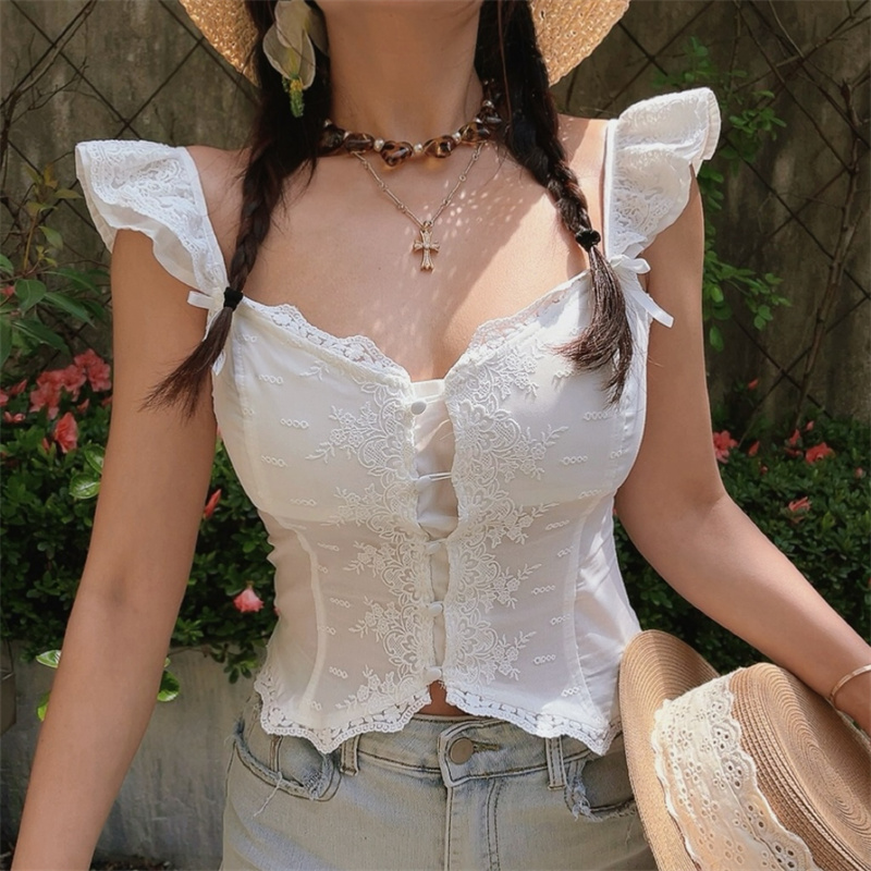 Exquisite Lace Flutter Sleeve Little White Shirt with Palace Button - Perfect Vacation Top for Chic 90s and Y2K Style Exquisite Lace Flutter Sleeve Little White Shirt with Palace Button - Perfect Vacation Top for Chic 90s and Y2K Style