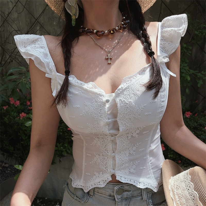 Exquisite Lace Flutter Sleeve Little White Shirt with Palace Button - Perfect Vacation Top for Chic 90s and Y2K Style Exquisite Lace Flutter Sleeve Little White Shirt with Palace Button - Perfect Vacation Top for Chic 90s and Y2K Style