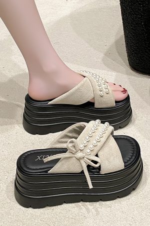 Fairy Style High-End Pearl Thick-Soled Slippers for Women - Summer Outdoor Wear, 9cm Height Increase, Chic One-Word Cool Sandals
