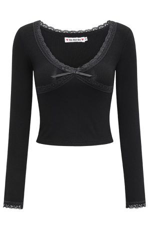 Fitted Black Lace Trim V-Neck Long Sleeve T-Shirt for Women - European & American Style, Slimming Short Top, Perfect for 90s & Y2K Fashion