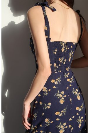 Fitted Floral A-Line Dress with Ruffled Shoulder Ties, Waist Cinching, and Spaghetti Straps - French Style, Knee-Length Fashion