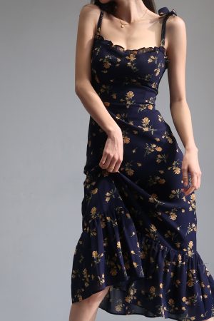 Fitted Floral A-Line Dress with Ruffled Shoulder Ties, Waist Cinching, and Spaghetti Straps - French Style, Knee-Length Fashion