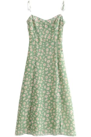 Fitted Vintage Green Side-Slit Dress with Small Daisies - French Style Sleeveless Mid-Calf Vacation Dress
