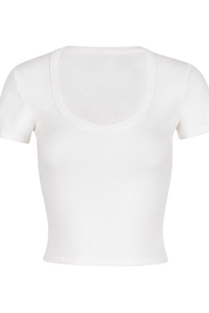 Fitted White T-Shirt for Women, Elastic Black Short Sleeves, Big Chest Accent, Stylish Casual Top, Y2K Fashion