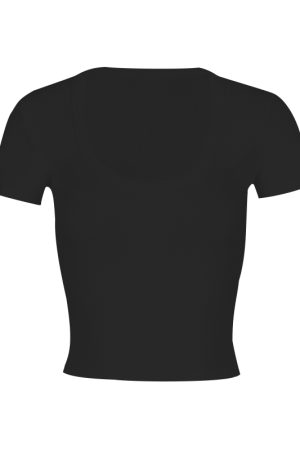 Fitted White T-Shirt for Women, Elastic Black Short Sleeves, Big Chest Accent, Stylish Casual Top, Y2K Fashion